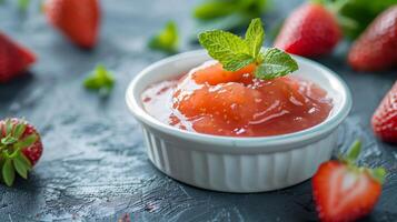 Colorful Applesauce and Strawberry Delight on White Plate photo