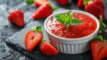 Colorful Applesauce and Strawberry Delight on White Plate photo