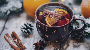 Mulled wine holiday with orange and cinnamon sitting in a cup photo