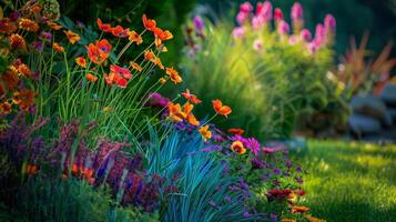 Vibrant flowers and neatly trimmed grass provide a tranquil background photo