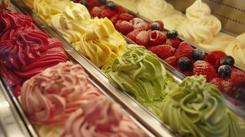 Vibrant display of fruit gelato flavors photo