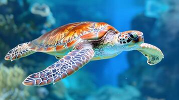 A sea turtle gracefully swimming in the blue waters of the sea photo