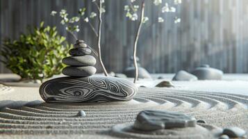An image featuring a serene zen garden setting with a display stand photo