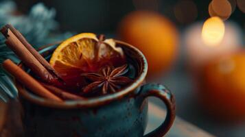 Mulled wine holiday with orange and cinnamon sitting in a cup photo