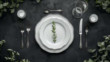 Minimalist table setting with white plate and silverware photo