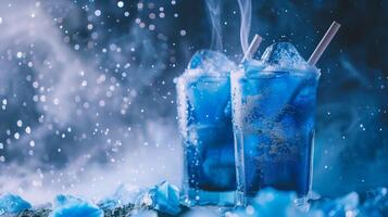 Refreshing ice blue matcha tea in tall glasses photo