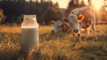 Fresh dairy milk in a rustic outdoor setting with a grazing cow photo