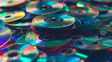 Colorful stack of CDs in a chaotic pile photo