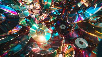 Colorful stack of CDs in a chaotic pile photo