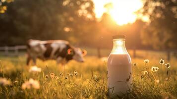 Fresh dairy milk in a rustic outdoor setting with a grazing cow photo