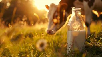 Fresh dairy milk in a rustic outdoor setting with a grazing cow photo