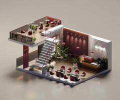 Isometric room minimal cafe store open inside interior architecture 3d rendering photo