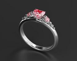 Diamond Ring with Heart Shape Ruby Diamond 3d Rendering isolated on black photo