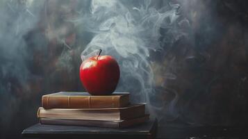 A red apple sitting on top of a stack of books on top of a black table photo