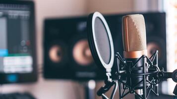 A close-up of a microphone and headphones for podcasting or ASMR sounds photo