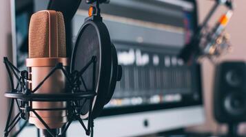 A close-up of a microphone and headphones photo