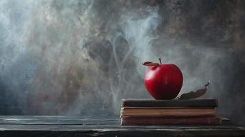 A red apple sitting on top of a stack of books on top of a black table photo