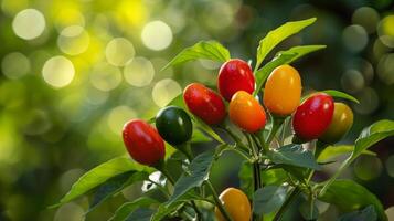 A cluster of red and yellow peppers sprouting from a tall tree photo