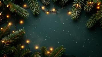 Christmas tree branches with festive lights photo