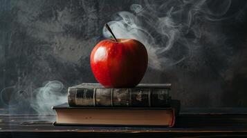 A red apple sitting on top of a stack of books on top of a black table photo