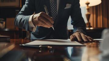 Close-up of a businessman in a suit signing a document at a desk photo