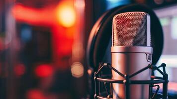 A close-up of a microphone and headphones photo