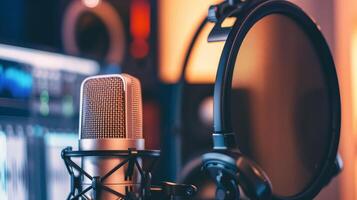 A close-up of a microphone and headphones for podcasting or ASMR sounds photo