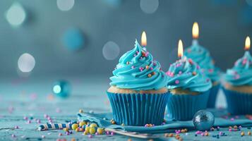 Festive Blue Frosted Cupcakes with Sprinkles and Candles photo