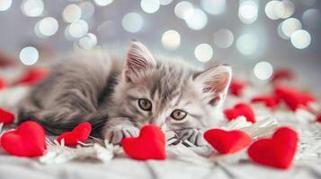 Valentines day cute kitten and hearts photo