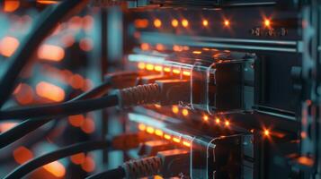 Detailed View of Ethernet Cables Connected to Illuminated Server photo
