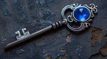 A key with an electric blue circle fashion accessory embedded in metal photo