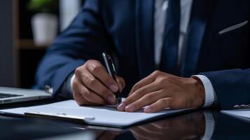 Close-up of a businessman in a suit signing a document at a desk photo