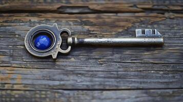A key with an electric blue circle fashion accessory embedded in metal photo