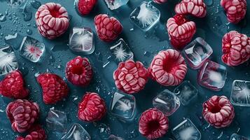 Assorted frozen raspberries, ice cubes. photo
