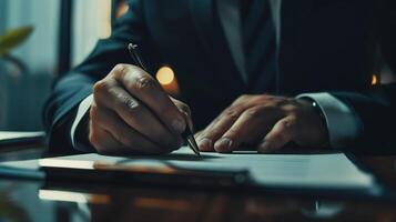 Close-up of a businessman in a suit signing a document at a desk photo