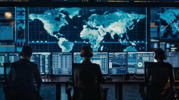 Professionals in a cybersecurity operations center monitoring data photo