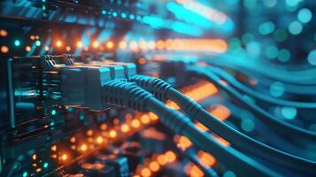 Detailed View of Ethernet Cables Connected to Illuminated Server photo