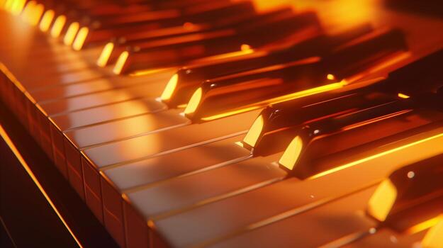A close-up of piano keys illuminated by warm lighting photo