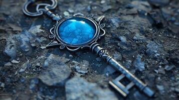 A key with an electric blue circle fashion accessory embedded in metal photo