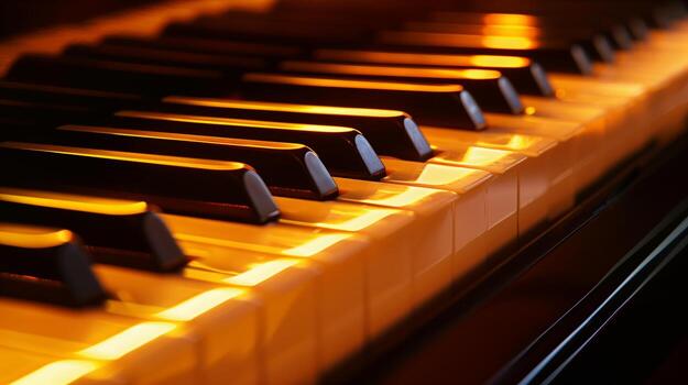 A close-up of piano keys illuminated by warm lighting photo
