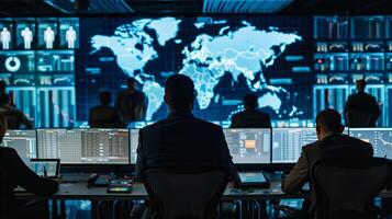 Professionals in a cybersecurity operations center monitoring data photo