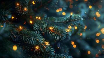 Christmas tree branches with festive lights photo