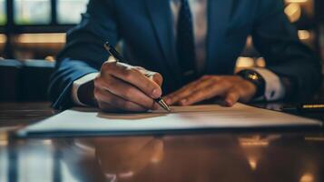 Close-up of a businessman in a suit signing a document at a desk photo