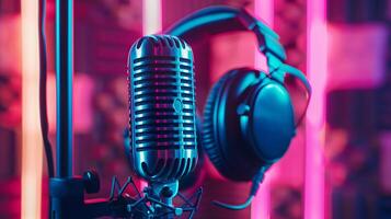 A close-up of a microphone and headphones for podcasting photo