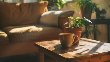 a cup of coffee sitting on top of a wooden table photo