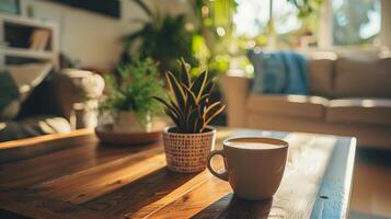 a cup of coffee sitting on top of a wooden table photo