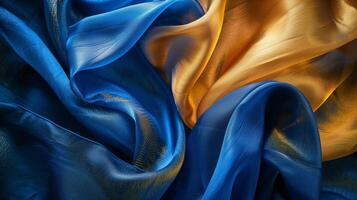 Vibrant Abstract Textures of Blue and Golden Silk Fabrics photo