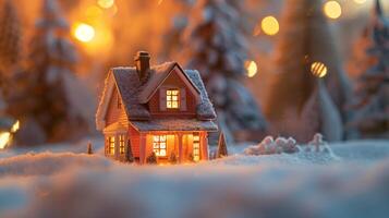 Warm Glow from Miniature House on Snowy Evening photo