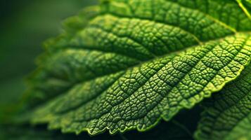 A close-up of a green leaf showing intricate patterns and textures photo