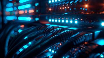 Detailed View of Ethernet Cables Connected to Illuminated Server photo